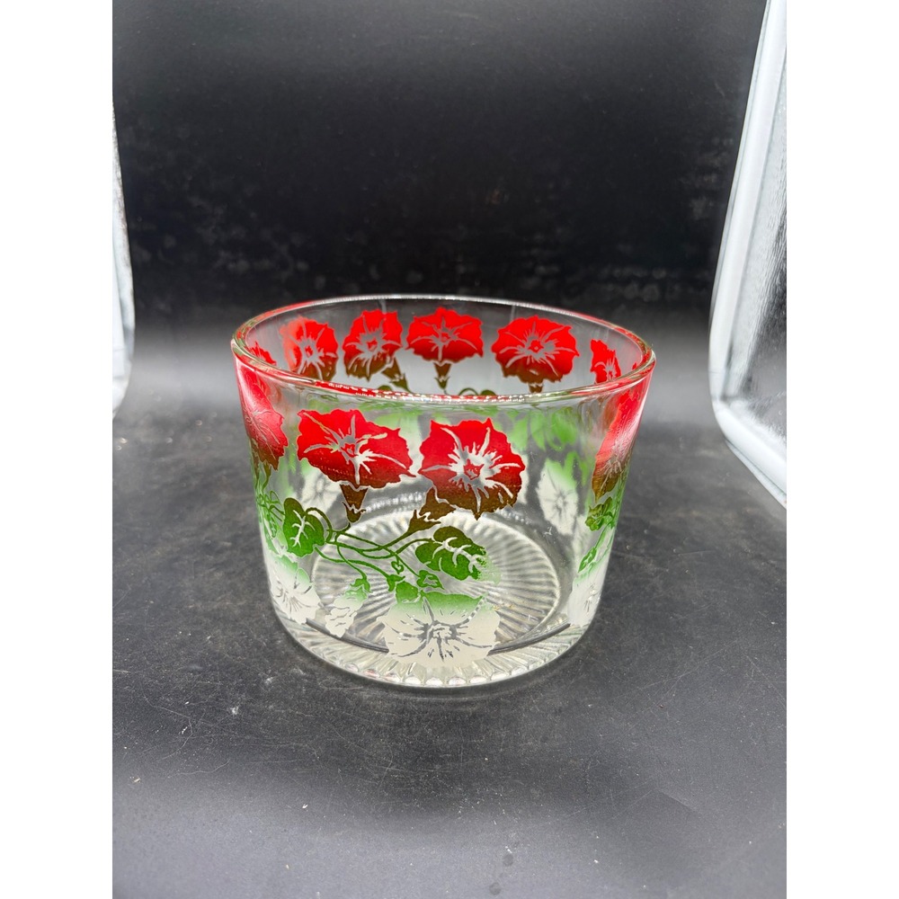 Vintage Red Morning Glory Floral Glass Ice Bucket Sunburst Base Mid Century